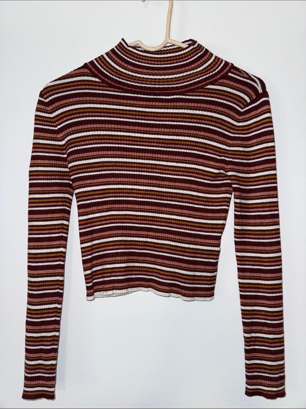Pink Republic Striped Ribbed Mock Neck Top - Burgundy, Pink, Mustard, White